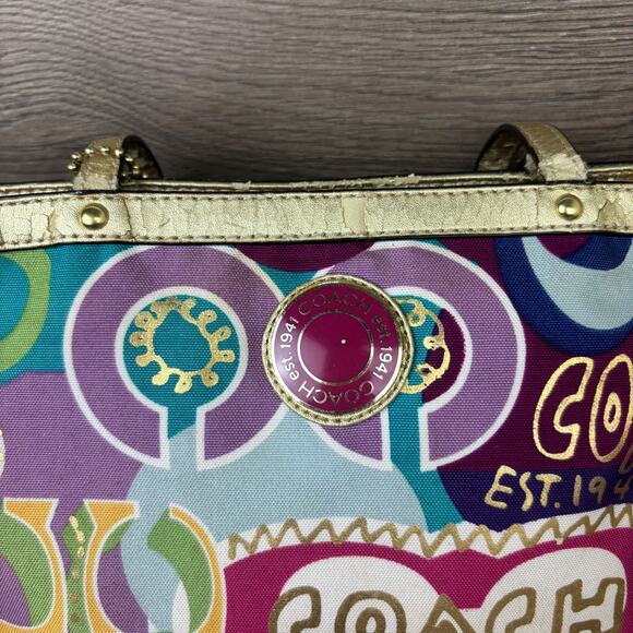 Coach Tote Purse Poppy C Signature Print Gold Trim Rainbow Graffiti F1220-F19434 - Picture 7 of 16